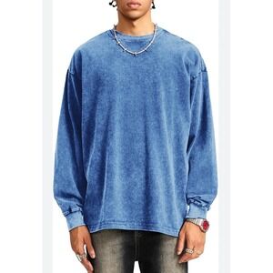 New Vamtac Mens Vintage Washed Long Sleeve Crewneck Sweatshirt Top‎ Blue Size S